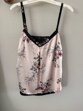 White House Black Market Pink Floral Satin Cami with Black Trim